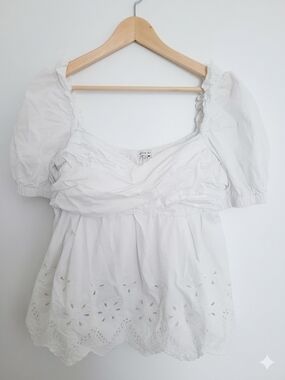 Moon River Anthropologie White Eyelet Lace Puff-Sleeve Blouse Size L Boho Chic